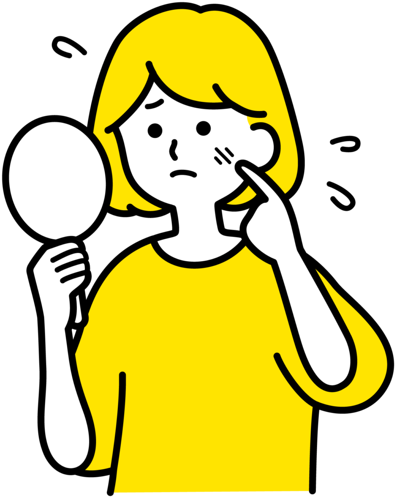 紫外線ダメージで肌が傷んでいるのを見て焦っている女性のイメージイラスト