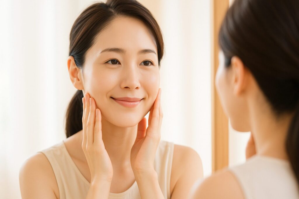 美容鍼でお肌が若返って鏡を見るのが楽しくなっている女性