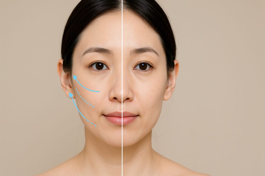 美容鍼で肌を引き上げているイメージ写真